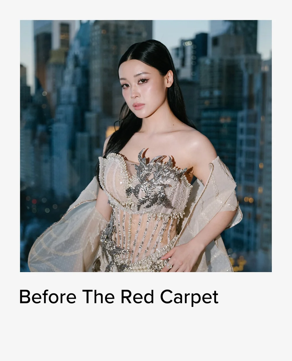 Pre red carpet portrait of a woman in an embellished gown by a Manhattan skyline window